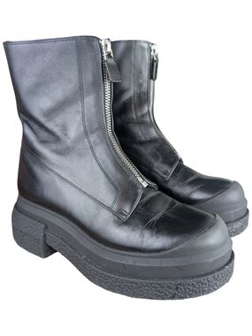 Stuart Weitzman Charli Black Leather Zip Platform Boots Size 5 Chunky Moto Edgy